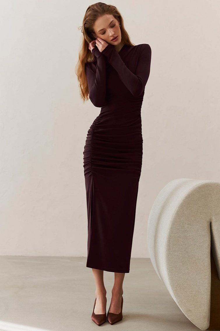 Ruched V-Neck Long Sleeve Maxi Dress