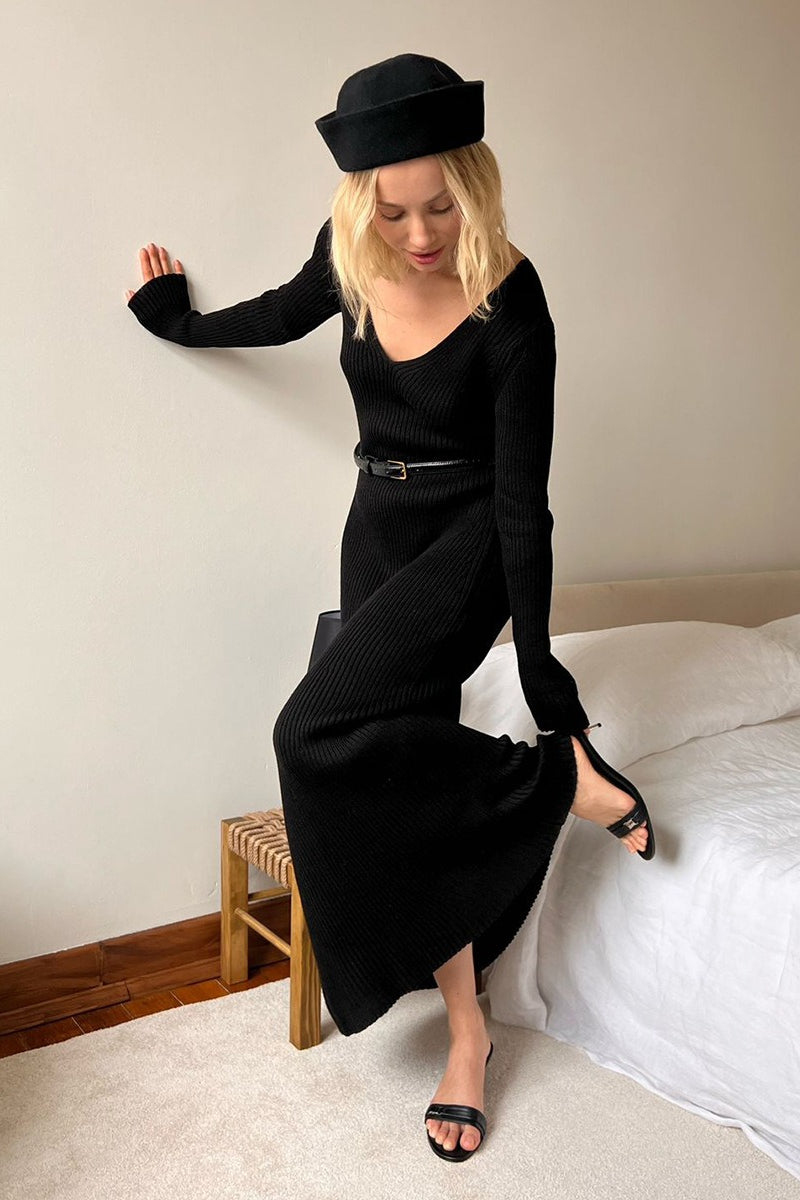 Knit Bodycon V Neck Maxi Dress - Fashionpara