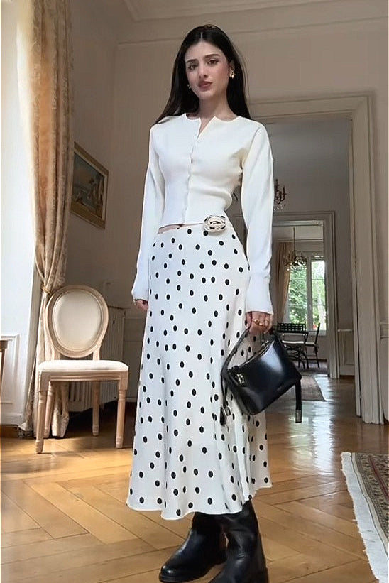 Long Sleeve Top Polka Dot Skirt Set - Fashionpara