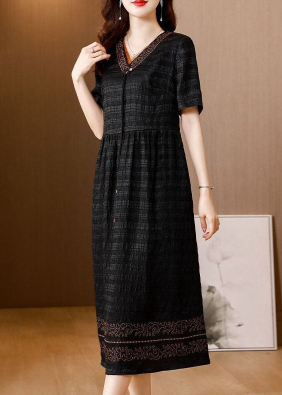 V-Neck Short Sleeve Embroidered Trim Textured Midi Dress - View 4