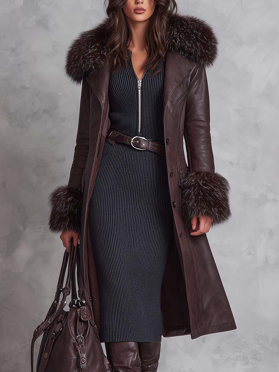 Vintage Reddish Brown Eco-Leather Coat With Detachable Fur Collar - Fashionpara