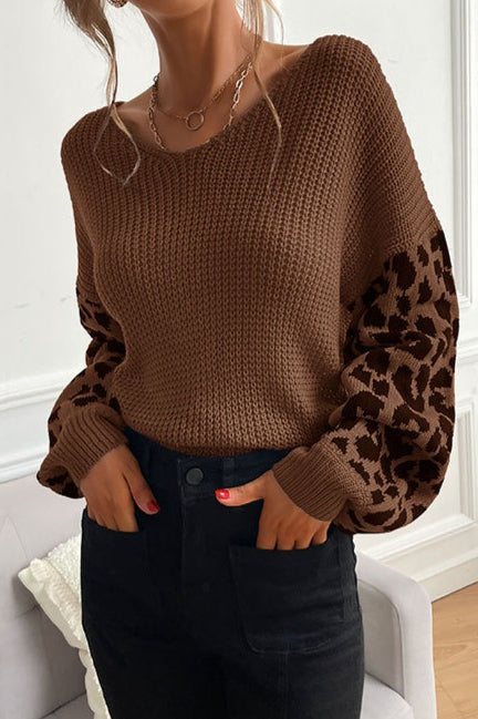 Slouchy Leopard Splice Knit Sweater for Effortless Style