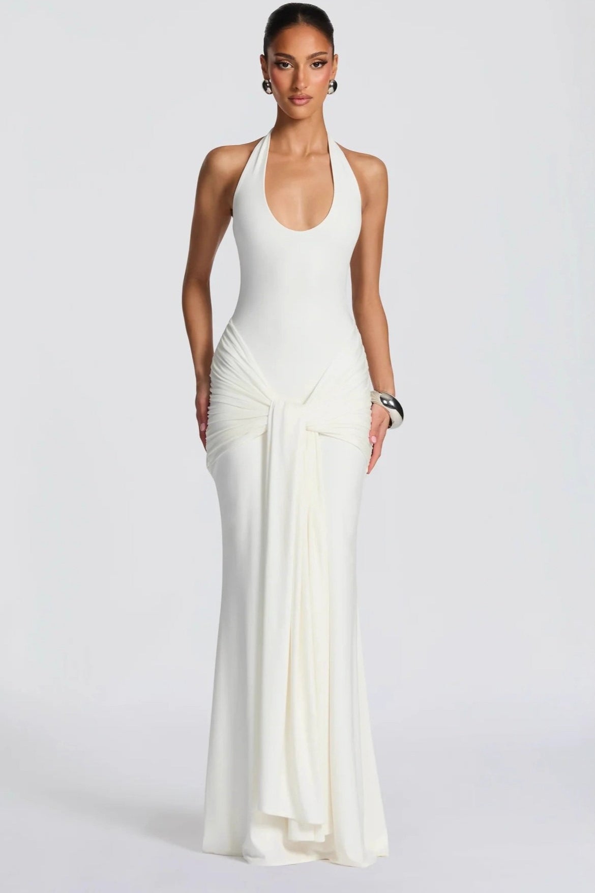 Halter Scoop-Neck Knot-Drape Jersey Fishtail Gown