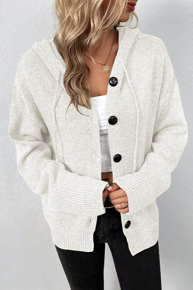 Hooded Drawstring Button Front Knit Cardigan 7