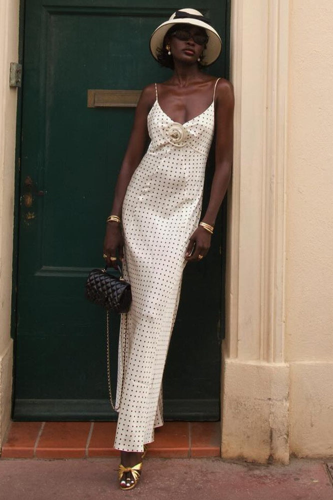Polka Dot Spaghetti Strap Brooch Bias-Cut Maxi Dress