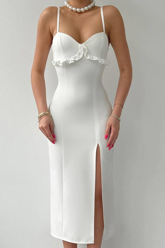 Sweetheart Ruffle-Trim Front-Slit Bodycon Midi Dress
