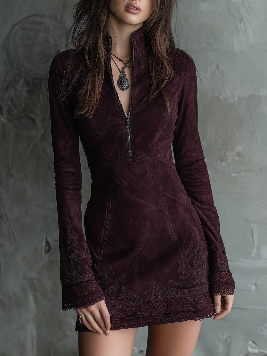 Vintage Suede Embroidered Lace Trim Mini Dress - Fashionpara