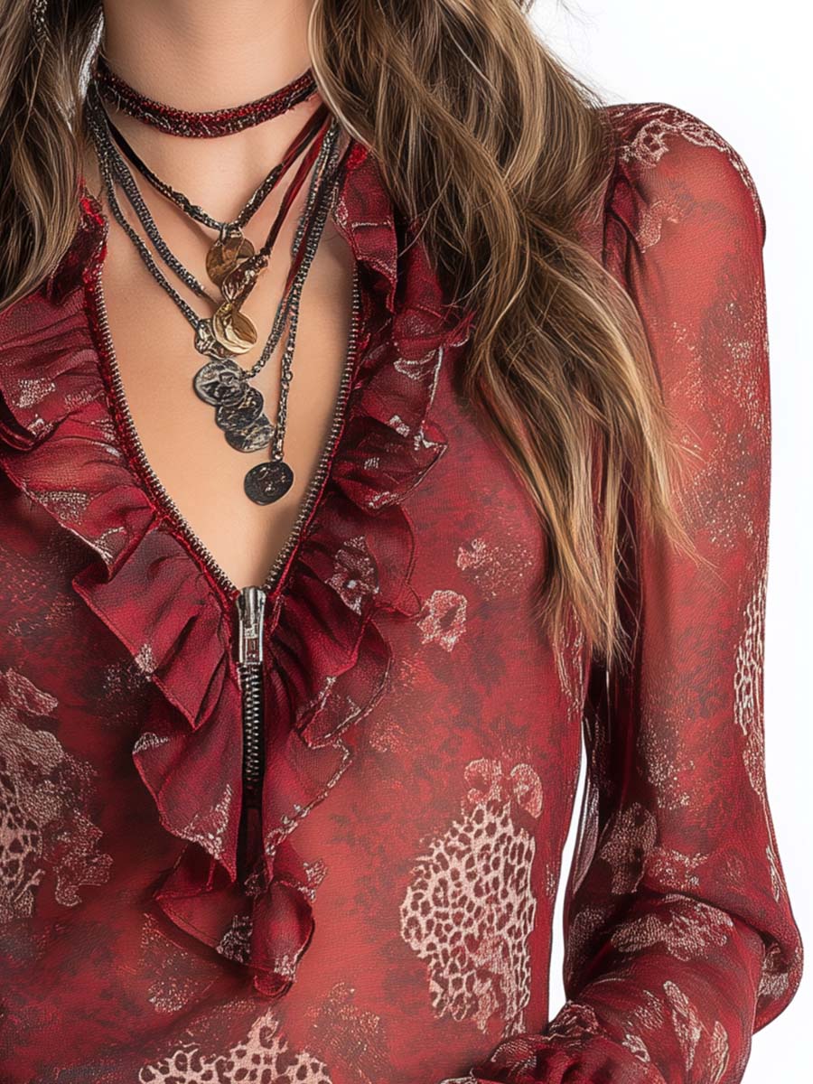Ruffled Zip-Front Sheer Chiffon Blouse In Vintage Red