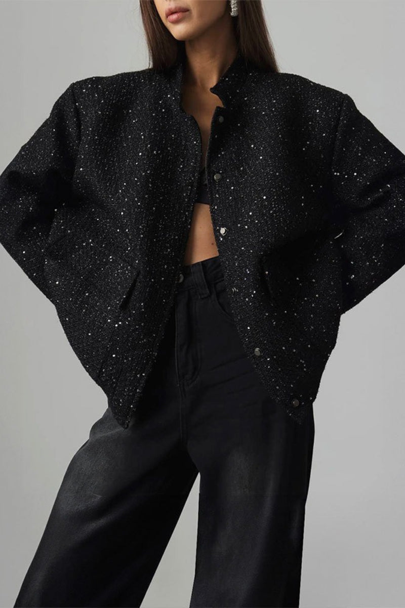 Loose Fit Sequin Bomber Coat - Fashionpara