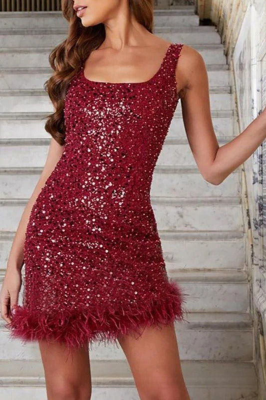 Elegant Feathered Slim Waisted Sleeveless Sequin Dress - Fashionpara