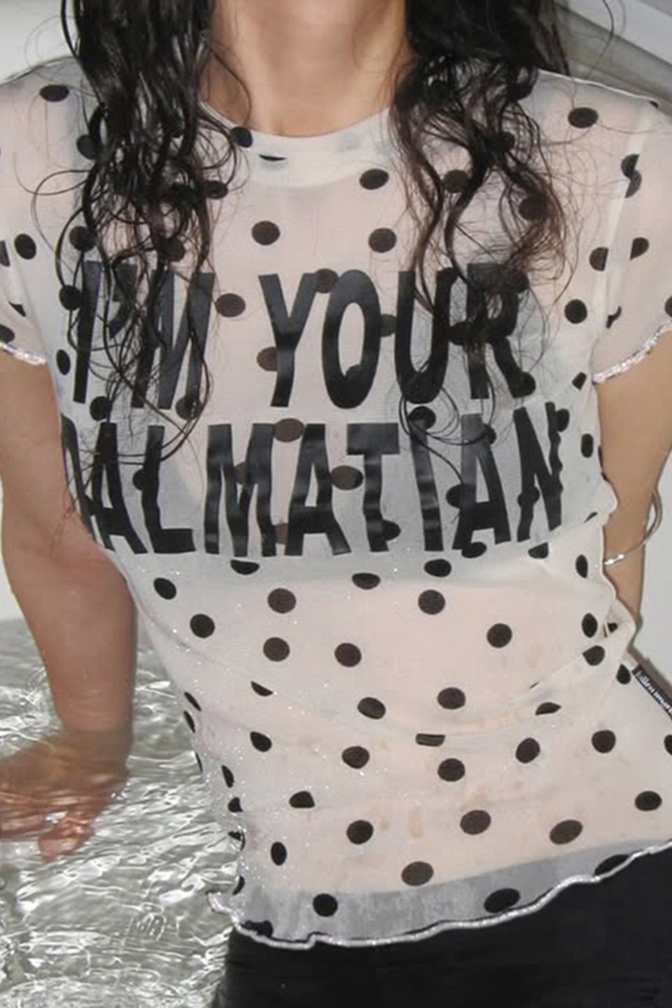 Mesh Polka Dot Letter Print Blouse - Fashionpara