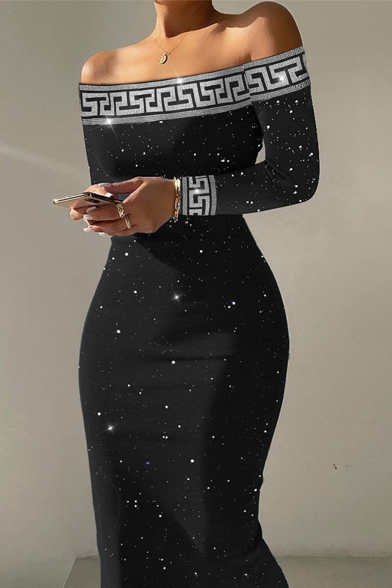 Sexy Patchwork Hot Drill Off the Shoulder Long Sleeve Dresses  Fashionpara