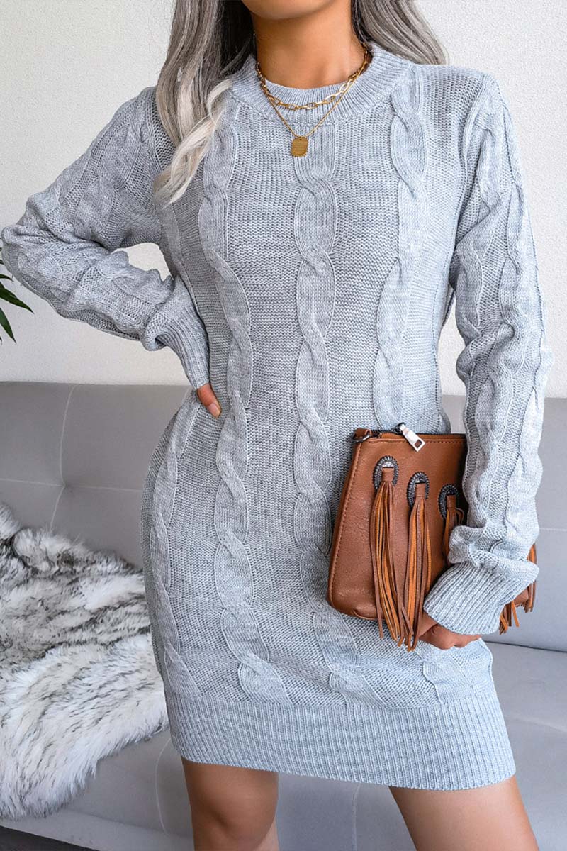 Solid Cable-knit Round Neck Sweater Dress  Fashionpara
