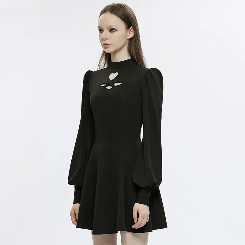 High Neck Puff Sleeve Heart Cutout Fit & Flare Mini Dress