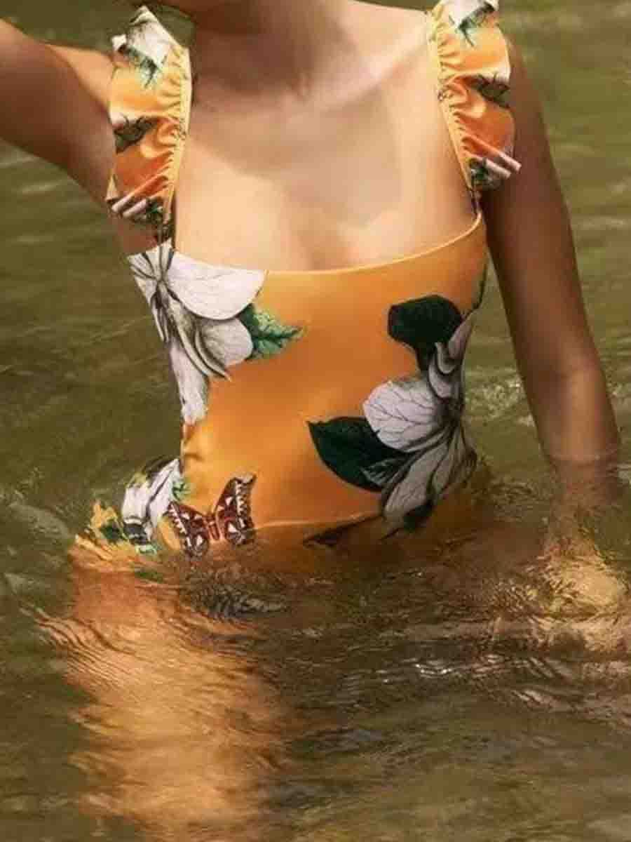 Flounce Design Floral Print Yellow One-piece Swimsuit - Fashionpara