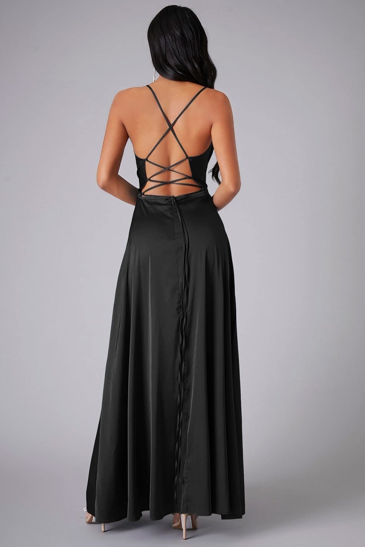 Satin Cowl Neck Spaghetti Strap High Split Maxi Formal Dress - View 2