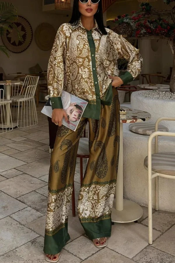 Naya Satin Contrast Color Paisley Long Sleeve Shirt and Elastic Waist Pocketed Pants Set - Fashionpara
