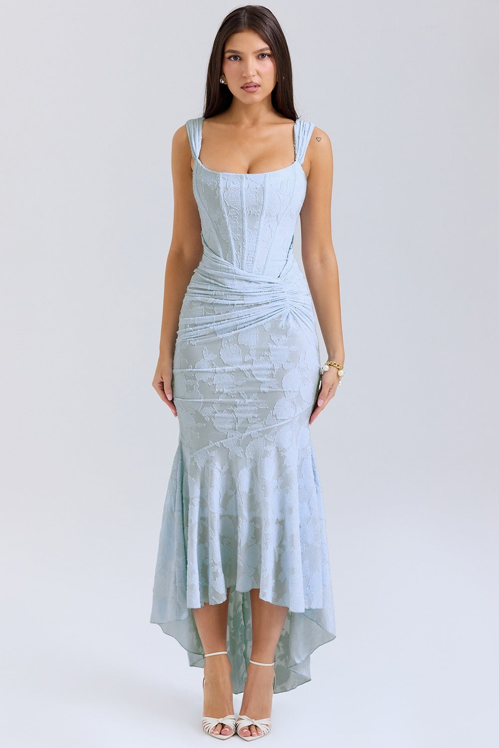 Jacquard Square Neck Corset Ruched Mermaid Gown - View 5