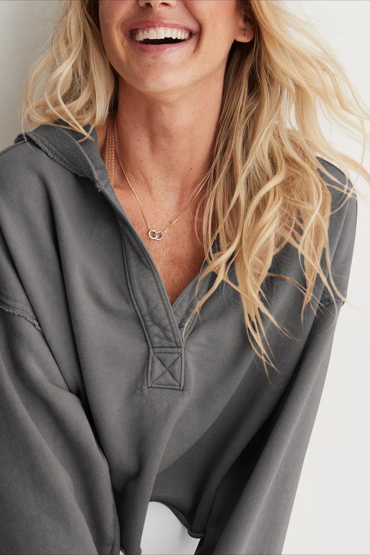 Relaxed Solid V-Neck Hoodie 11