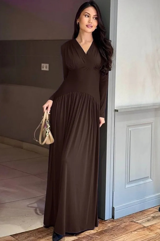 V-Neck Long Sleeve Empire Waist Maxi Dress