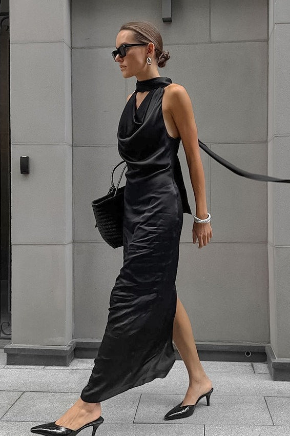 Black Satin Halter Maxi Dress