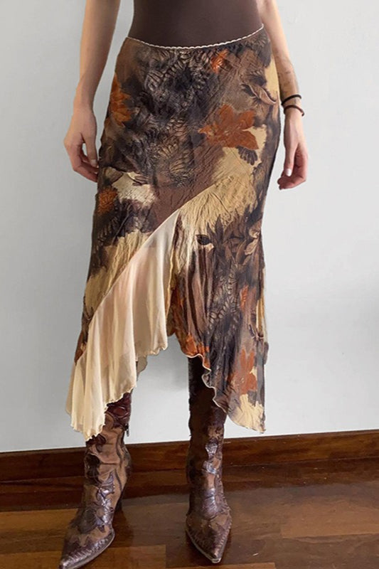Floral Contrast Asymmetrical Mermaid Midi Skirt