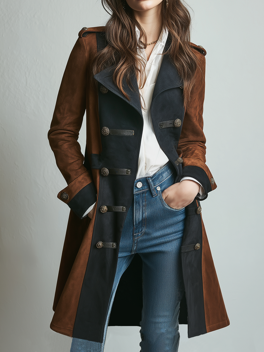 Retro Contrast Color Military Style Eco-friendly Suede Coat - Fashionpara