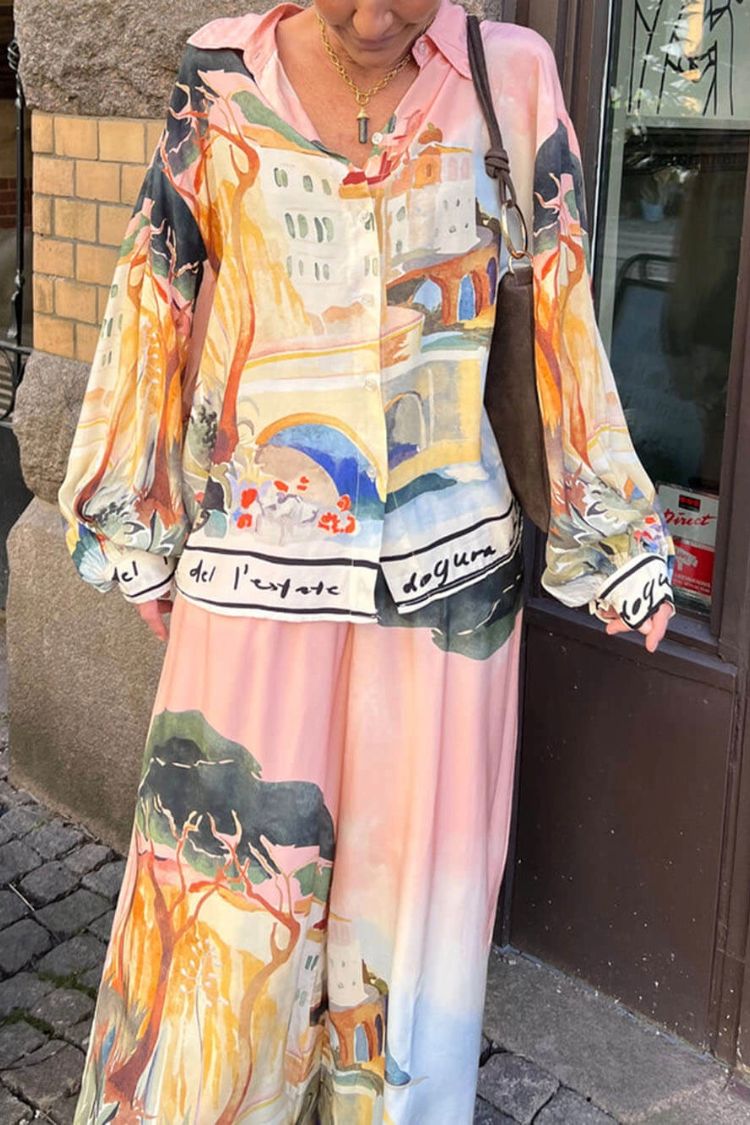 Ellison Unique Print Button Up Long Balloon Sleeve Loose Blouse - Fashionpara