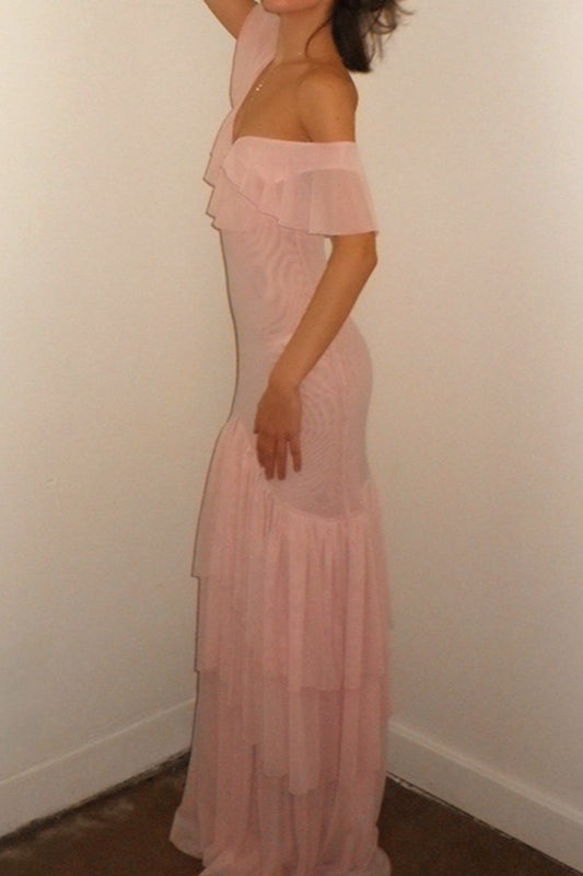 Asymmetric Sheer Ruffle Birthday Dress