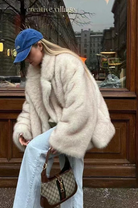 Fluffy Tip-Dyed Faux Fox Fur Thick Loose Winter Coat