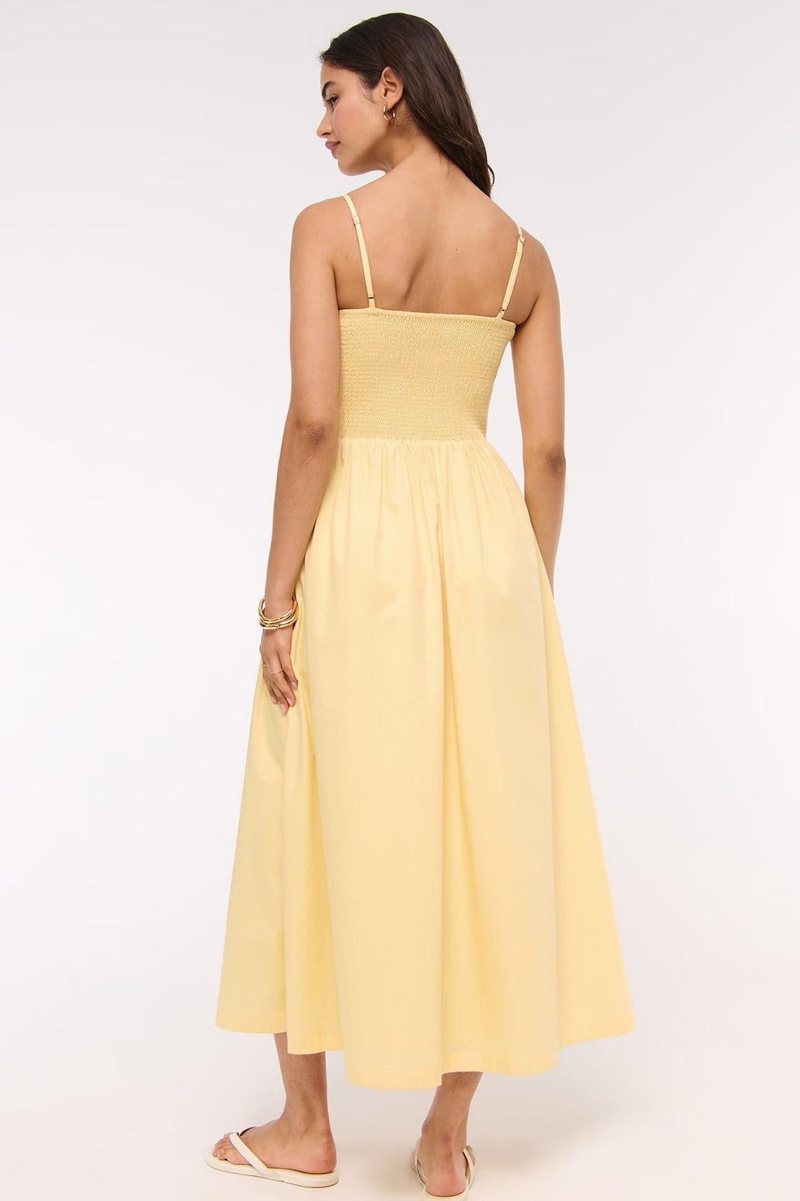 Striped Shirred Bodice A-Line Midi Dress