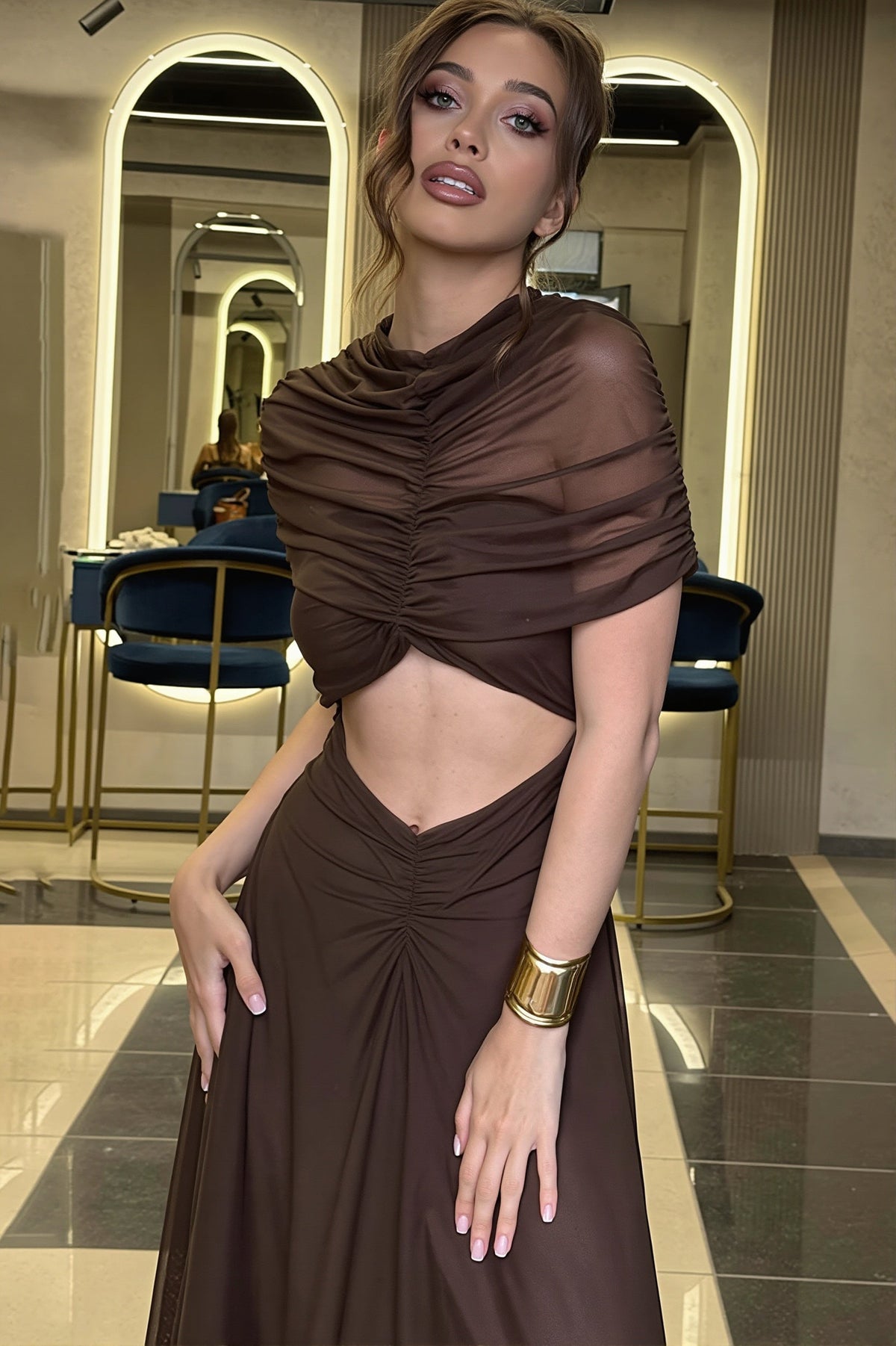 Solid Mock Neck Cape Sleeve Ruched Maxi Dress 3