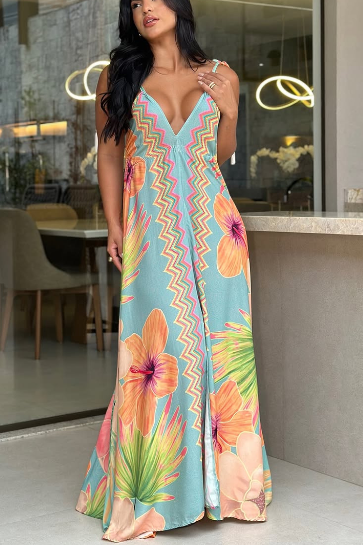 At Beachside Floral Print Halter Tassle Backless A-line Maxi Dress - Fashionpara