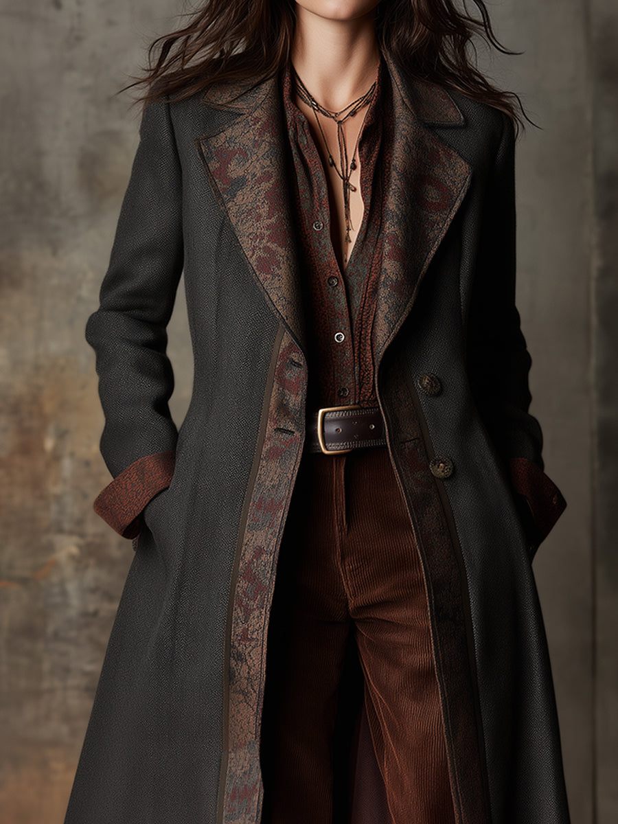 Retro Woolen Vintage Pattern Patchwork Mid-length Coat