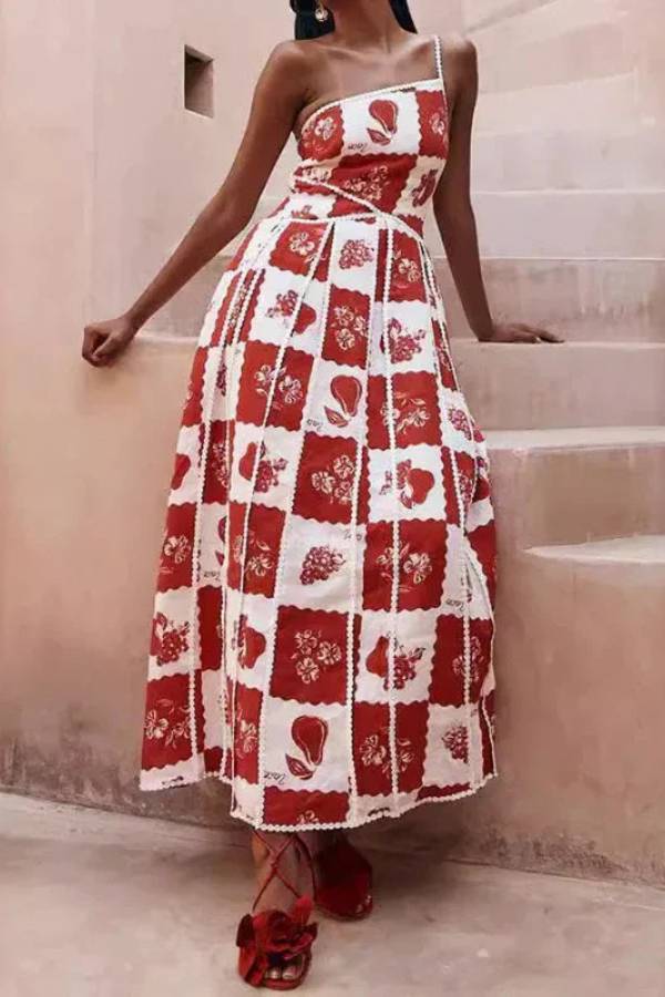 Kyoho Linen Blend Ric Rac Trims Unique Print One Shoulder Flared Maxi Dress - Fashionpara