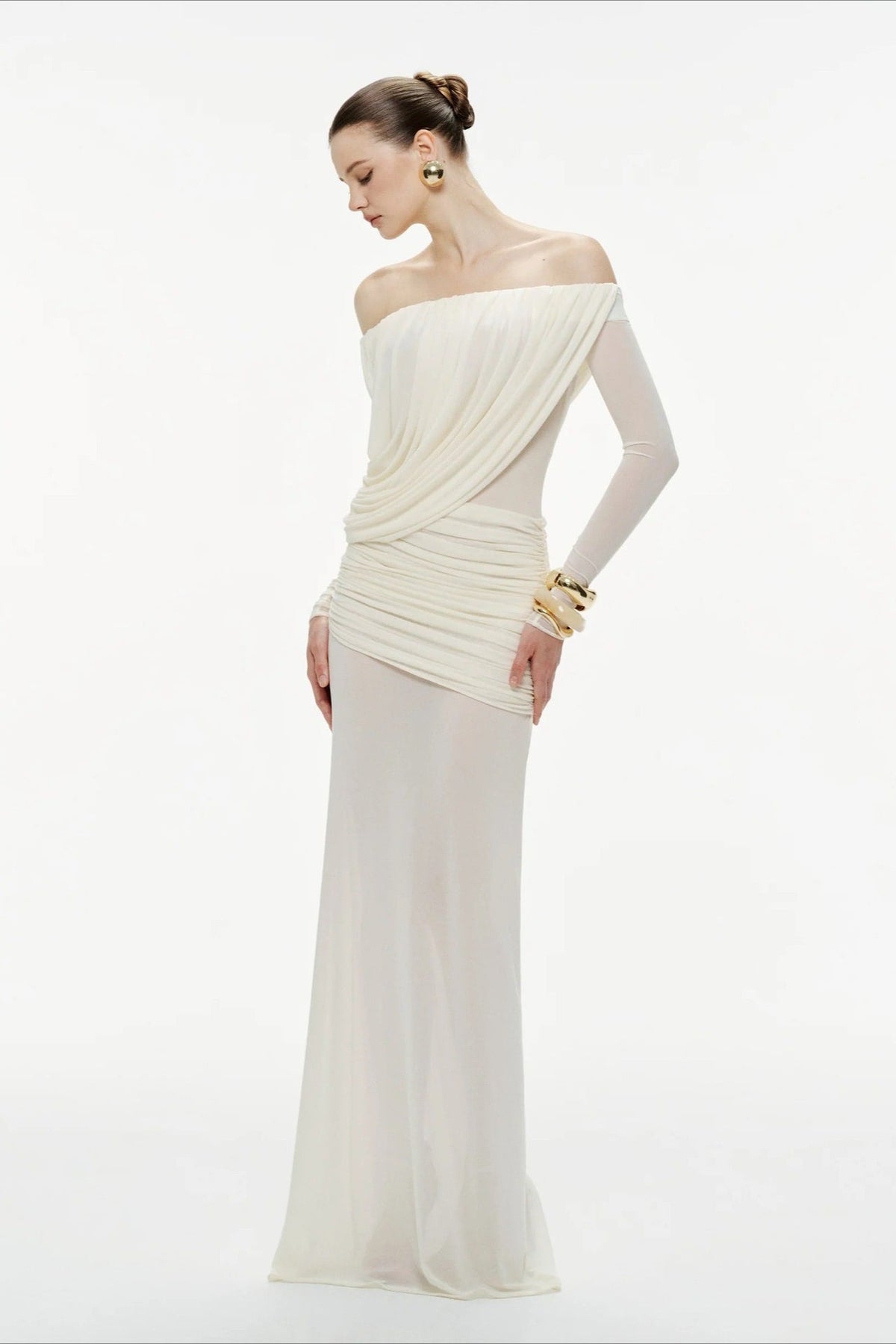 Mesh Off-Shoulder Long Sleeve Draped Column Maxi Gown