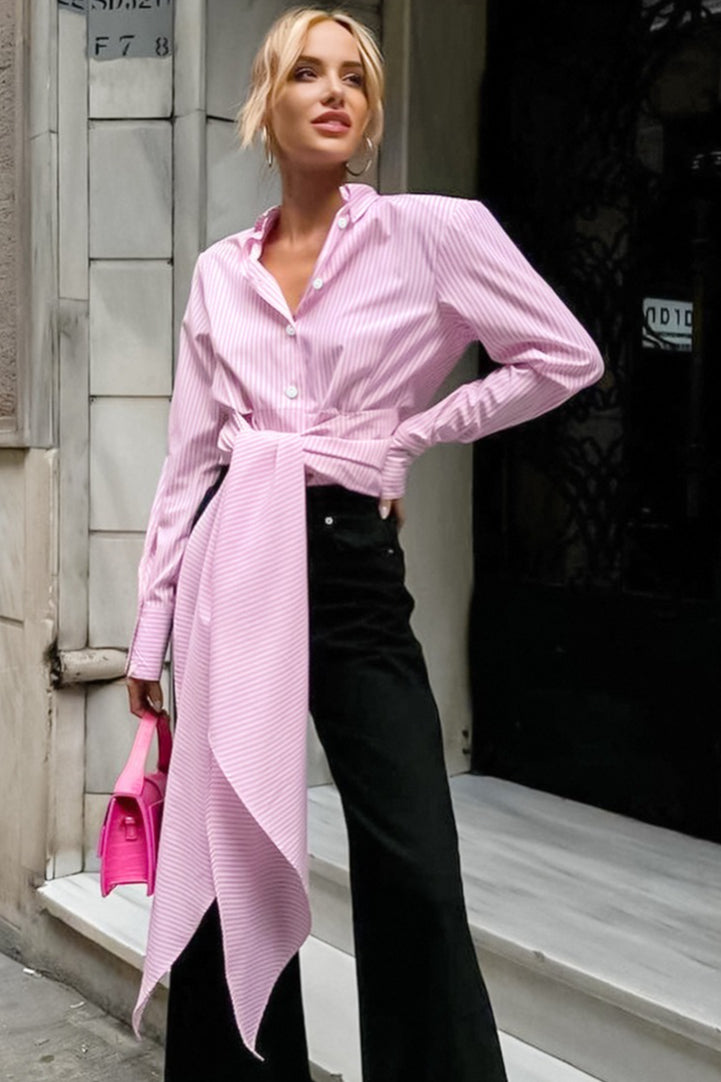 Striped Long Tie Neck Blouse - Fashionpara