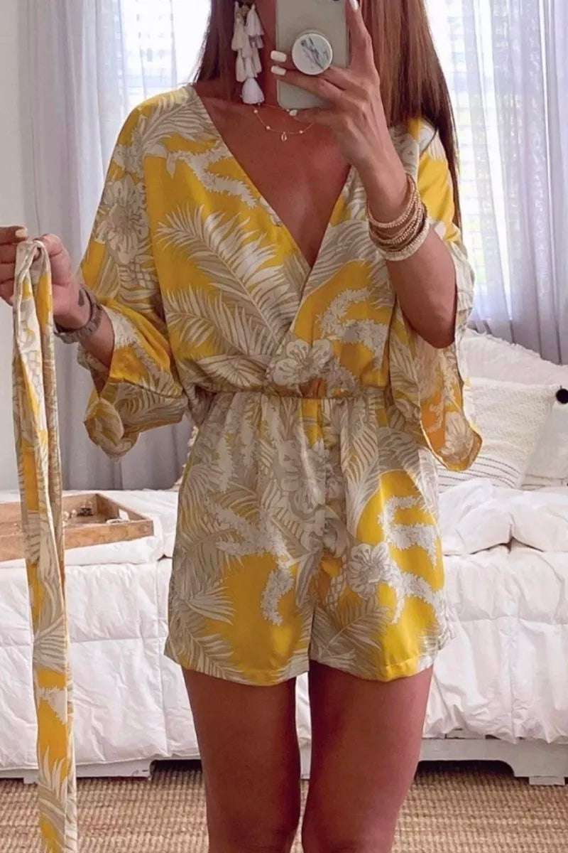 Lace-up Plants Print Yellow One-piece Romper