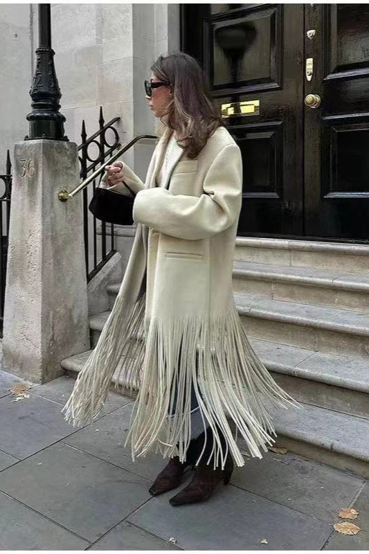 Chic Solid Color Fringe Long Blazer Coat for Stylish Layers