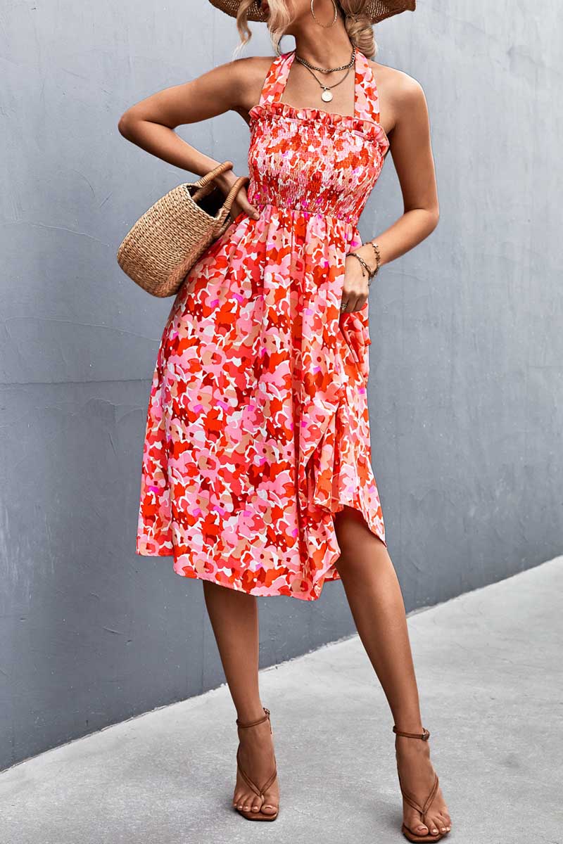 Women’s Print Casual Sleeveless Bohemia Beach Halter Dress Fashionpara