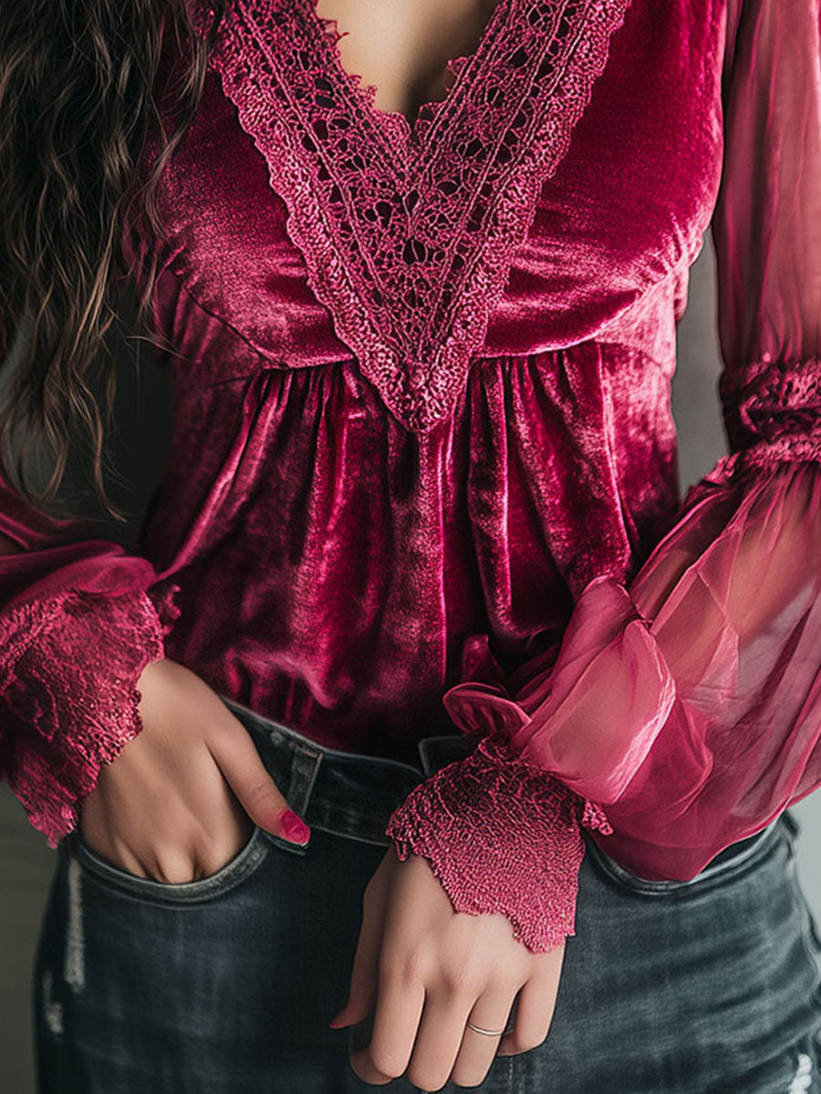 Romantic Hot Pink Velvet & Lace Sheer Puff Sleeve Blouse - Fashionpara