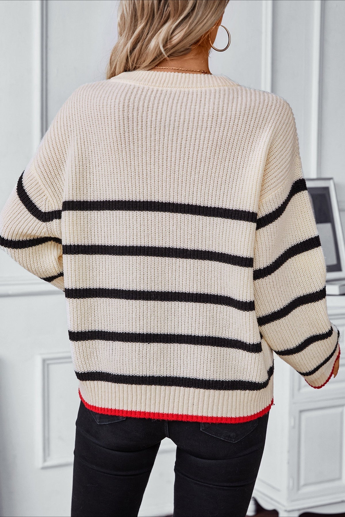 Color Block Stripe Pullover Knit Blouse