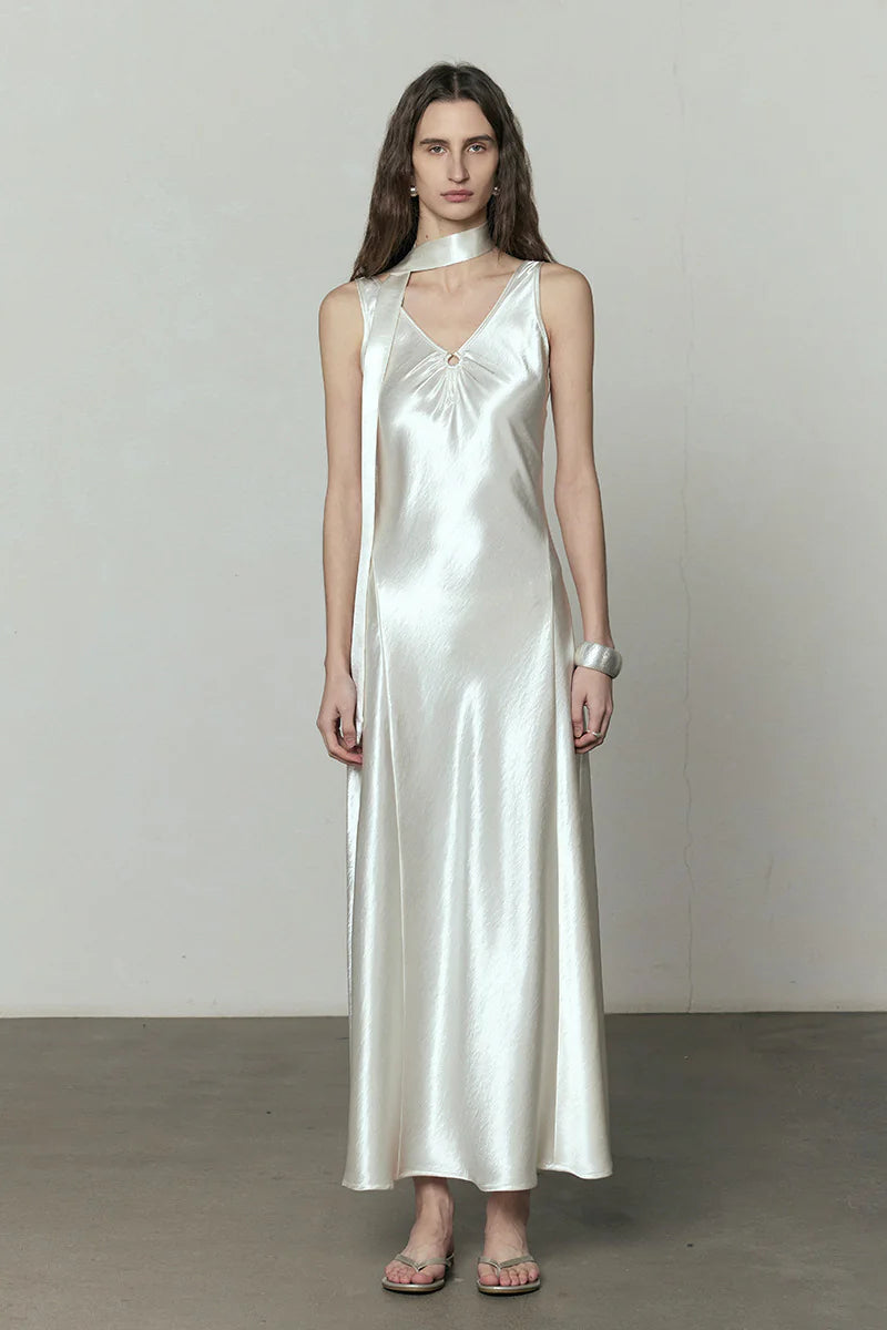 Satin V-Neck Sleeveless Keyhole A-Line Maxi Dress
