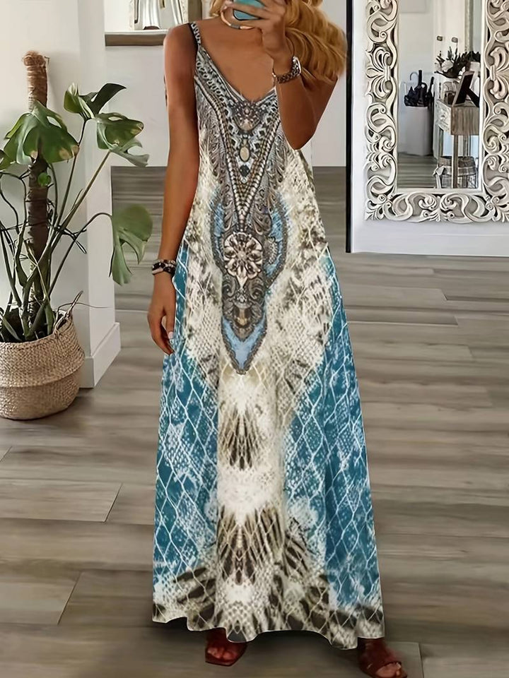 Spaghetti Strap Sleeveless Snakeskin Print Geometric Panel Maxi Dress - View 2