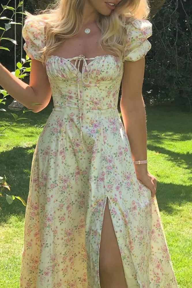 Printed Open Back Slim Split Floral Dress