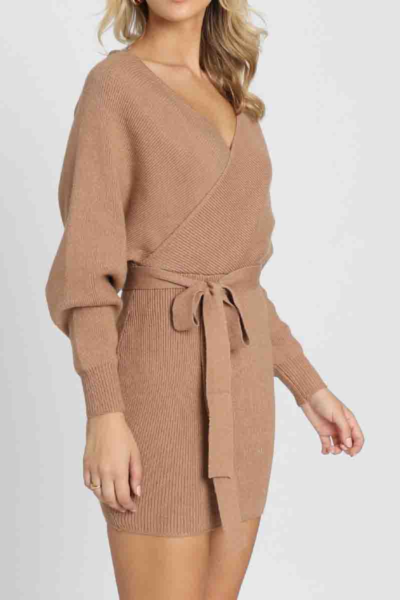V Neck Knit Sweater Dress(3 Colors)  Fashionpara