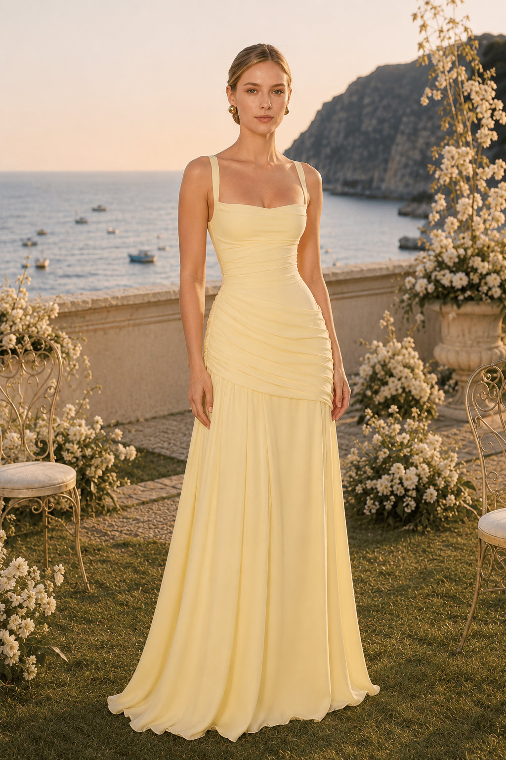 Chiffon Square Neck Ruched Maxi Gown