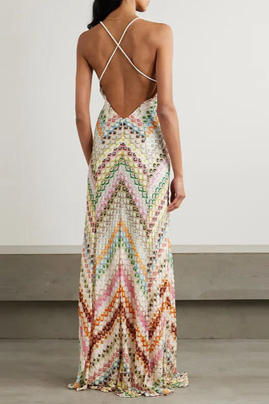 Zigzag Knit Halter Neck Backless Maxi Dress