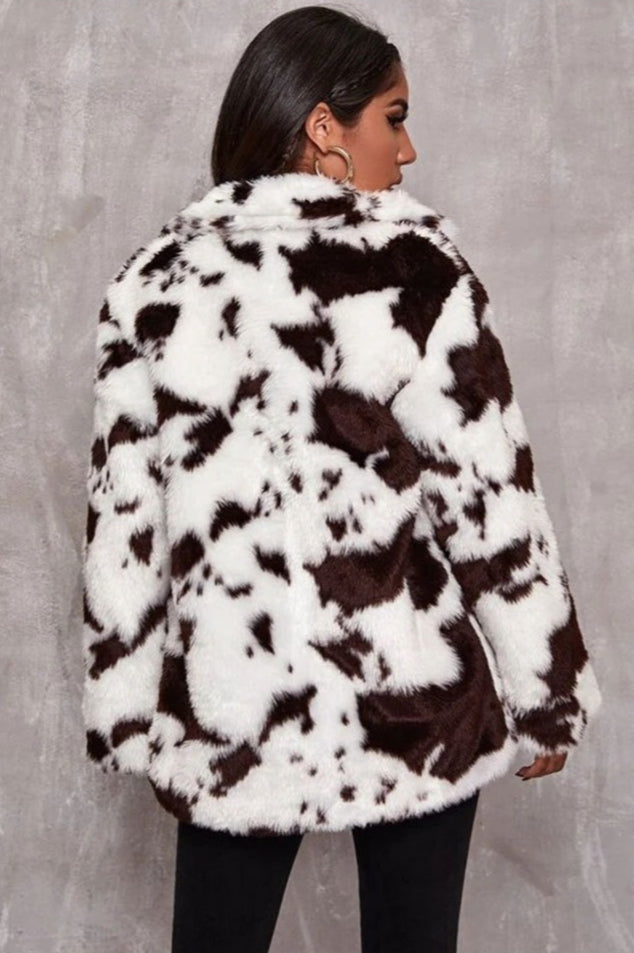 Chic Black and White Faux Fur Cow Print Coat for Style