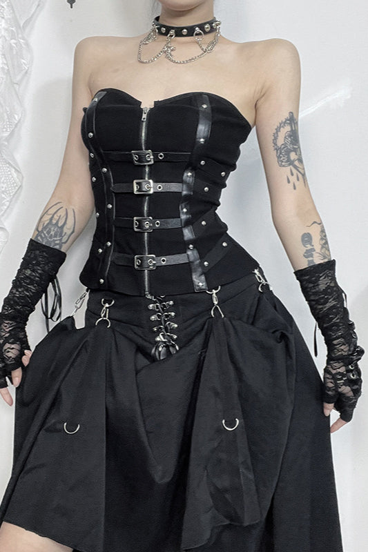 Leather Buckle Boned Strapless Corset - Fashionpara